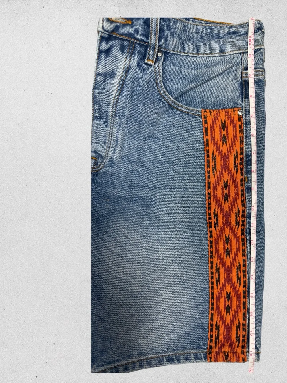 ASOS Denim Long Baggy Shorts Orange Embroidered Trim Y2K Waist 30